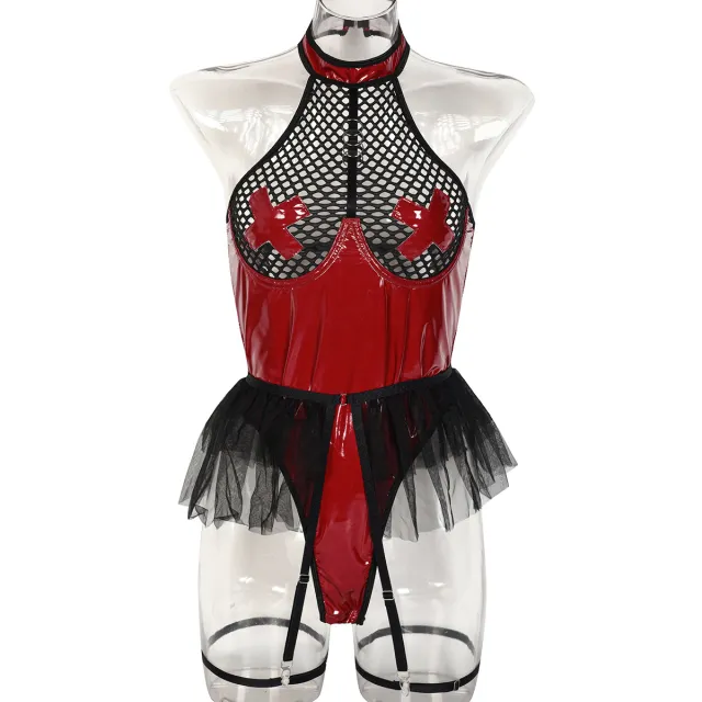 PU Patent Leather Large Grid Cross Jumpsuit Jujube Red - Shop at LoveMi
