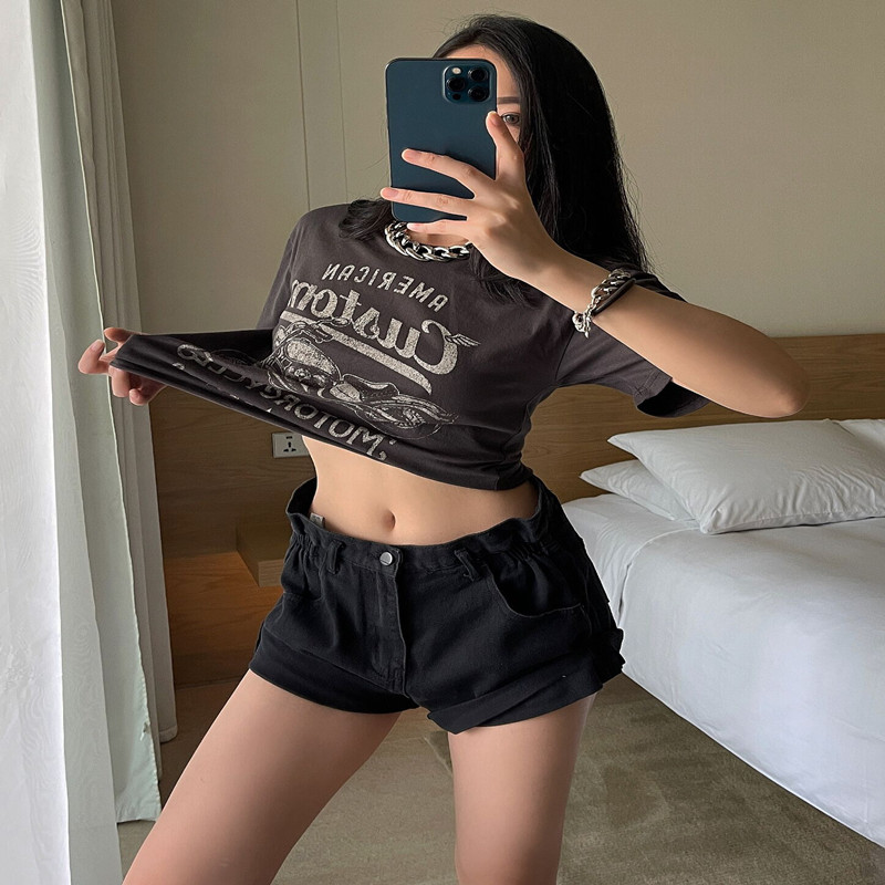 Style Retro Distressed Printed Short-sleeved Women's Round Neck Loose