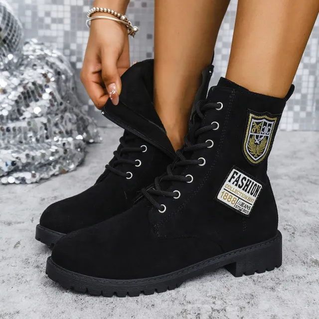 Fashion Lace up Chunky Heels Boots Winter Round Toe Shoes For Women Black - Shop at LoveMi