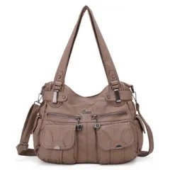 Fashion Ladies Soft Leather Portable Messenger Bag Crossbody Bags For Women Zipper Pocket Soft Casual Tote - Mud - View 1