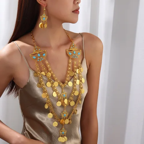 1set Fashion Retro 18k Gold Tassel Necklace Earrings Coin