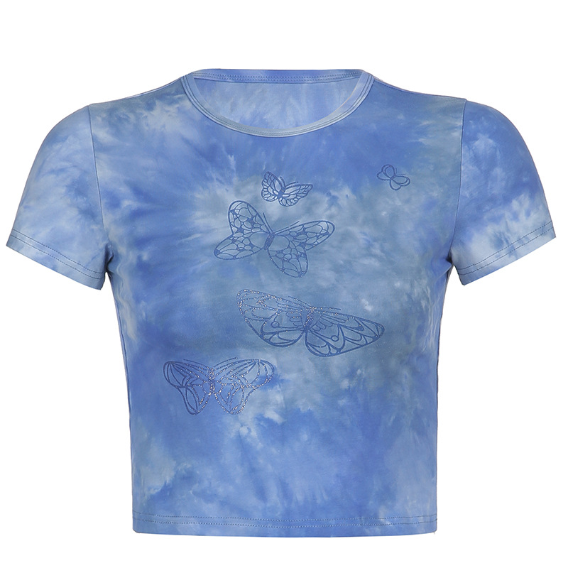 Sexy Tie-dye Butterfly Print Slim Round Neck Short T-shirt Top Women