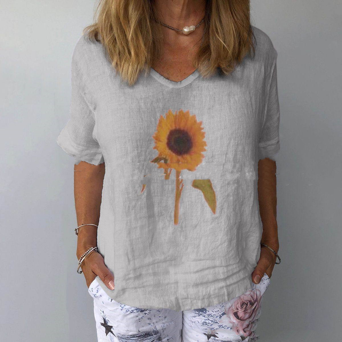 Title 4, Cotton And Linen Loose Sunflower Print Top