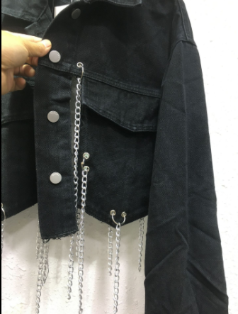 Loose And Slim Lapel Long-sleeved Heavy-duty Chain-decorated Short Denim Jacket Women