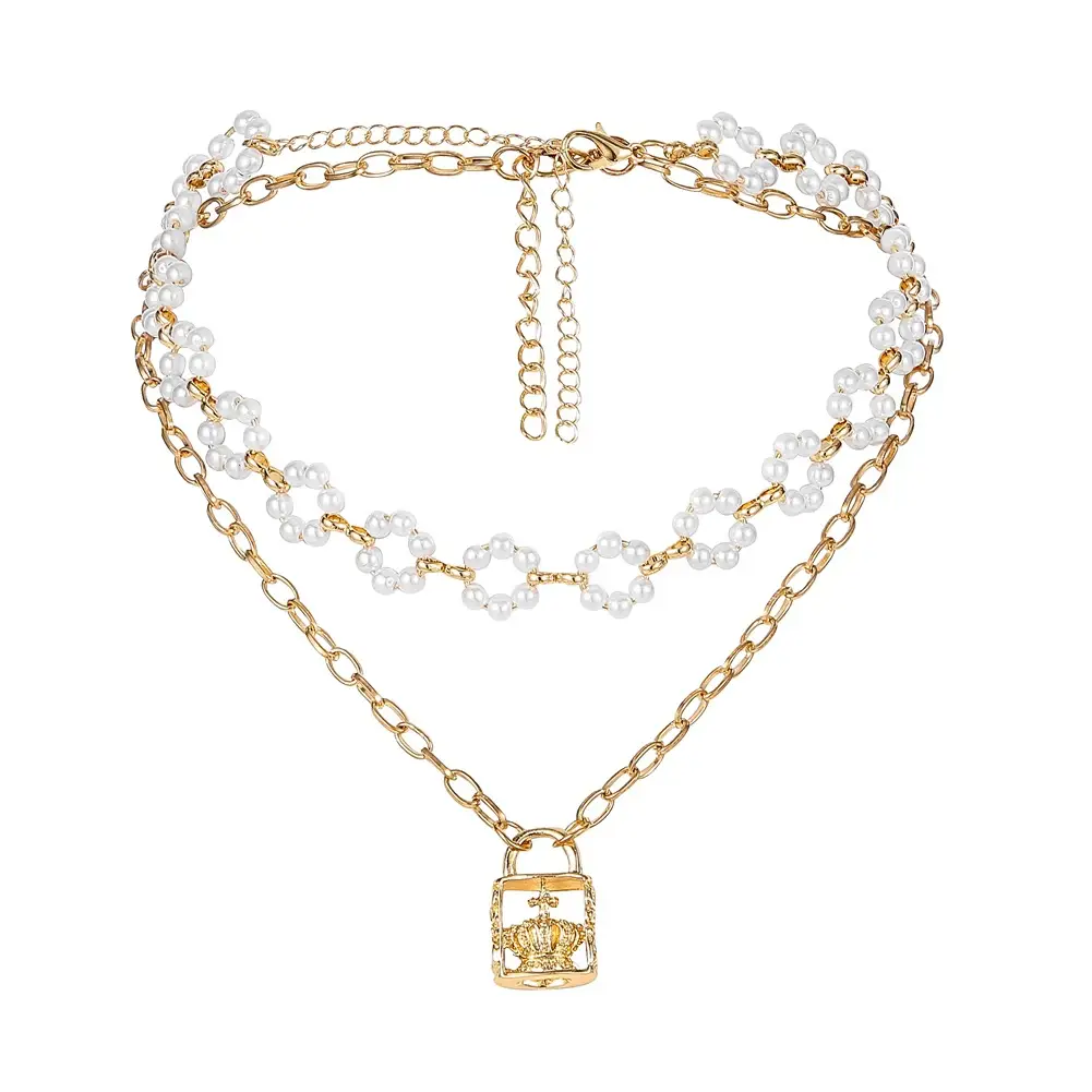 Vintage Style Layered Pearl Necklace with Crown Lock Pendant