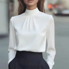 Women's Solid Color Long Sleeve Turtleneck Shirt, Pleated Detail Blouse For Office Wear And Formal Occasions - White - View 1