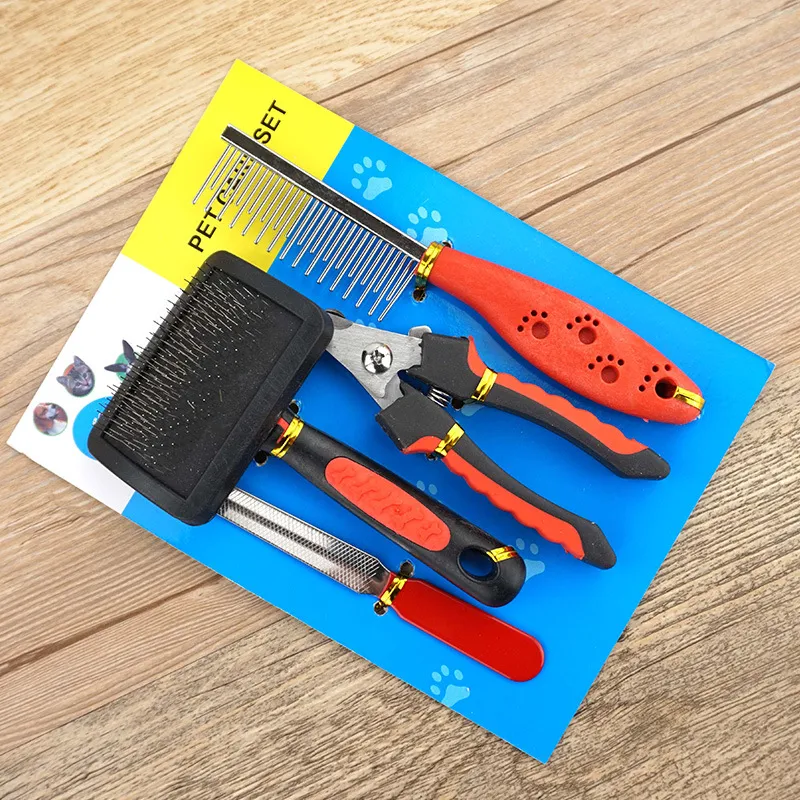 Dog Grooming Four-piece Comb Brush Nail Scissors File Cleaning Kit - Beauty Fourpiece Suit