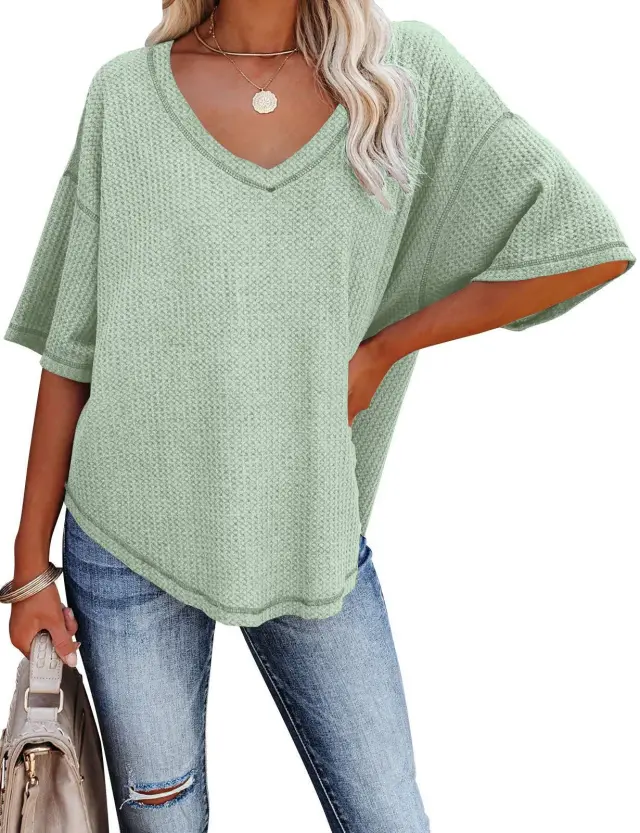 V Neck Bat Sleeve Waffle Knit Loose Mint Color - Shop at LoveMi