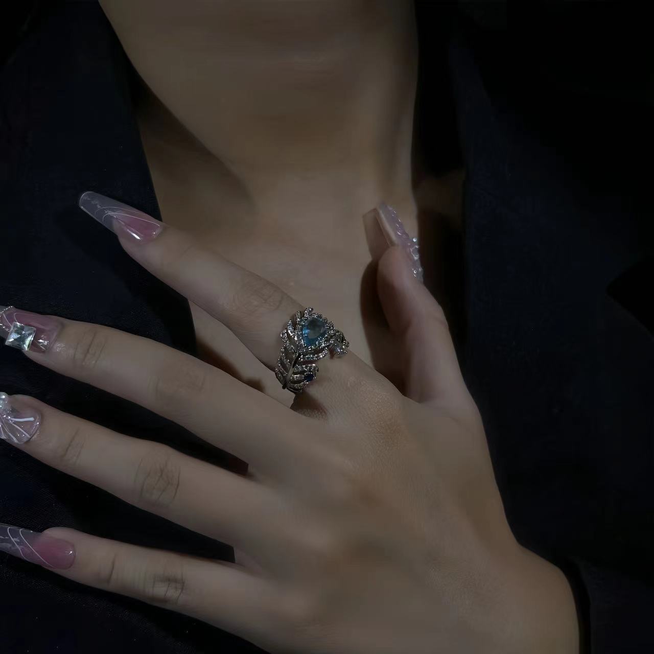 Sky Blue Feather Ring, High-end Niche Design Band, Gold Plated Copper Adjustable Open Ring