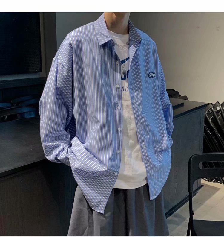 Long Sleeved Shirt Hong Kong Style Japanese Casual Striped Shirt Youth Loose
