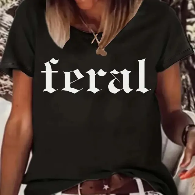 Women's Casual 'Feral' Letter Print T Shirt Breathable Round Neck Tee For Summer Black - Shop at LoveMi