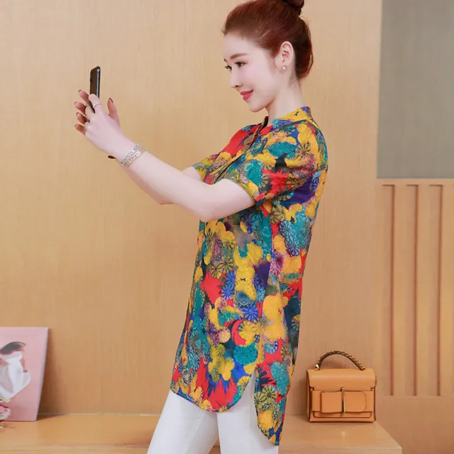 Large Size Mid length Shirt Women's Half sleeved Top Colorful - Shop at LoveMi
