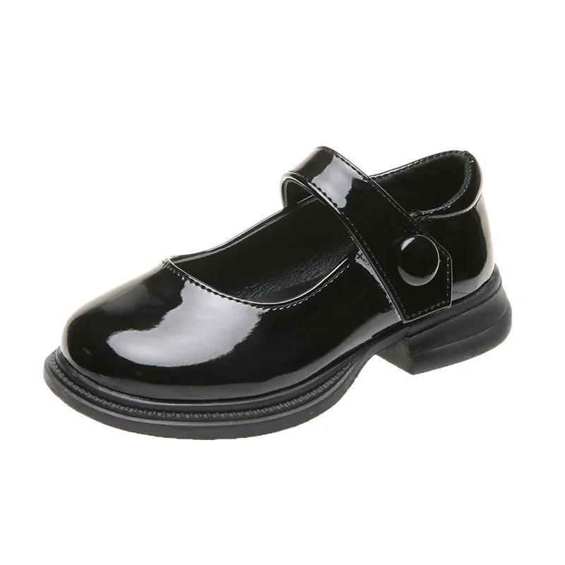 Lady Style Shiny Leather Girls Thick Heels Increased Velcro Literary Princess Shoes - Black
