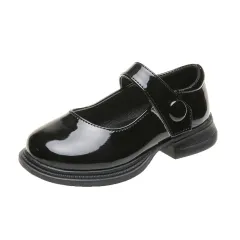 Lady Style Shiny Leather Girls Thick Heels Increased Velcro Literary Princess Shoes - Black - View 1