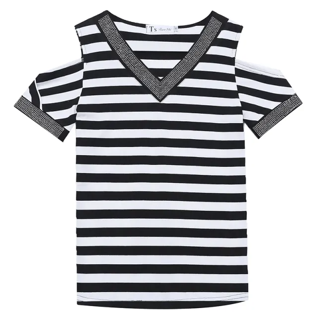 T shirt sexy off shoulder shiny v neck diamond Striped Decor - Shop at LoveMi