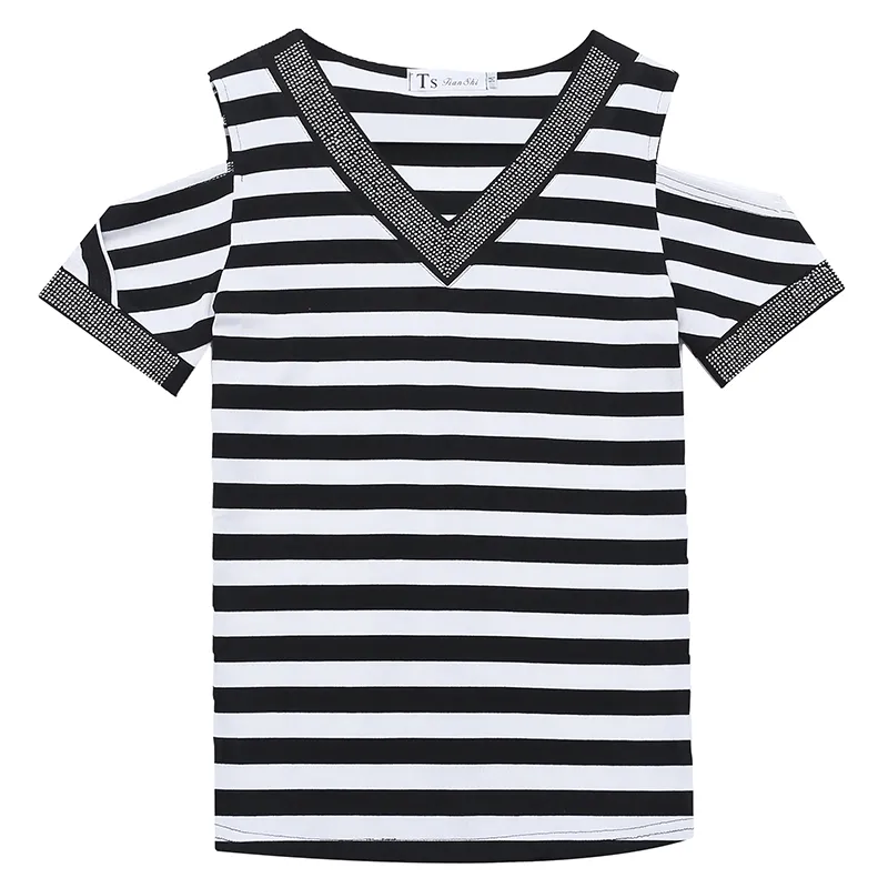 T-shirt sexy off shoulder shiny v-neck diamond - Striped Decor-2Xl