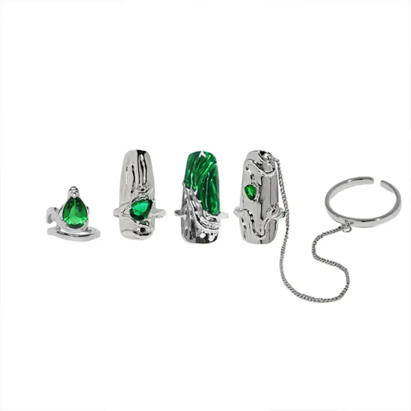 Irregular Silver Color Metal Green Rhinestones Sculpture Nail Armor Ring
