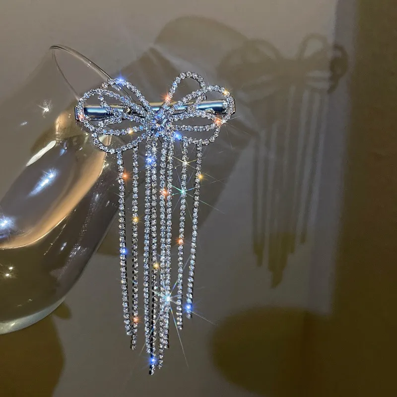 Diamond Bow Fringe Hair Clip - Silver