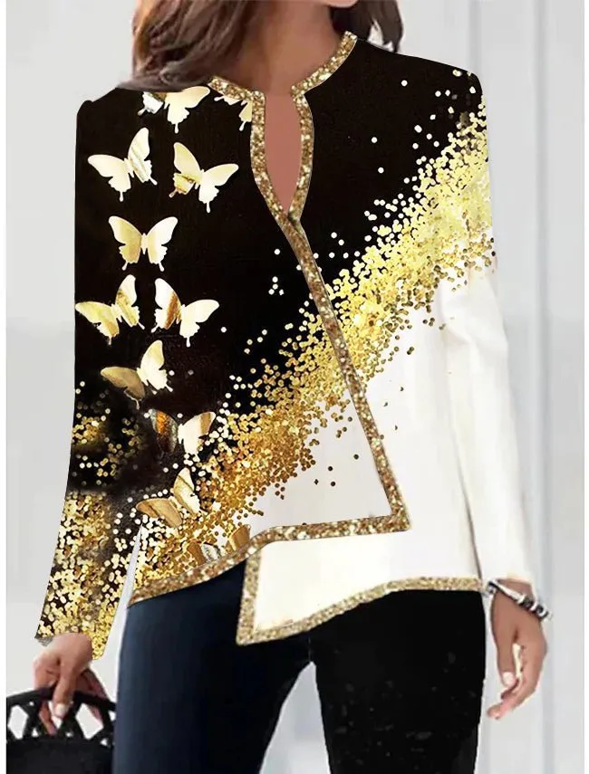 Digital Printed Flower V-neck Hem Asymmetric Women's Long Sleeves - Q302 Color-Xl