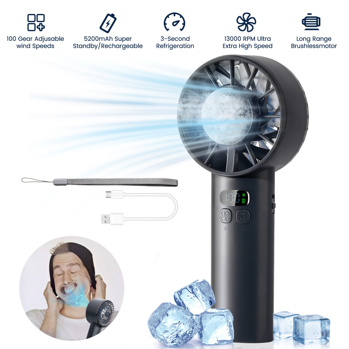 Handheld Portable Fan ,Speed Adjustable Turbo Mini Fans, 5000mAh Battery