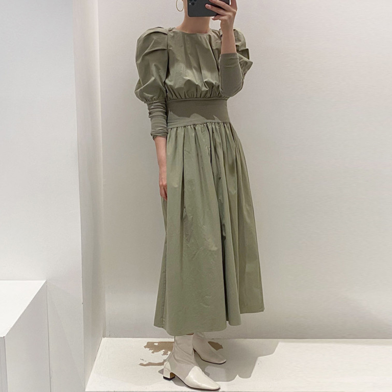 Women's Solid Color Puff Sleeve Long Dress