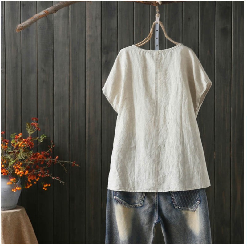 Title 5, Cotton Linen Blouse Summer Short Sleeve Casual ...