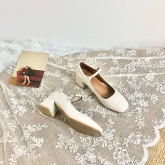 New Vintage Square Toe French Mary Jane High Heels - Beige - View 1