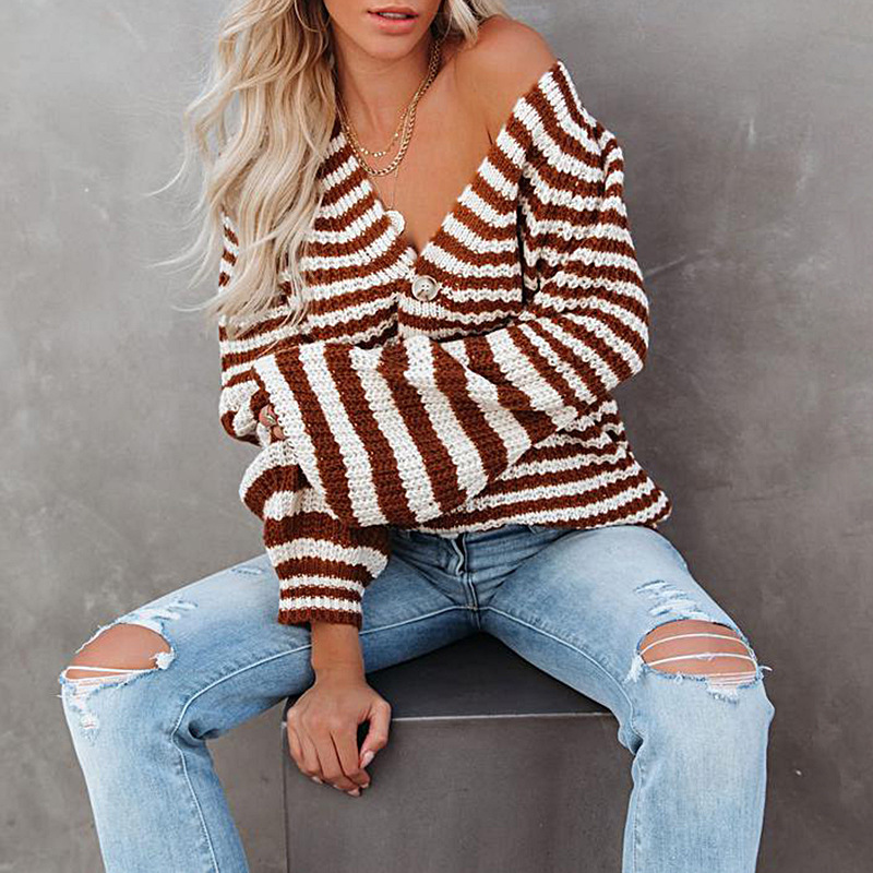 Lazy Fashion Women's Loose Striped Single-breasted V-neck Cardigan