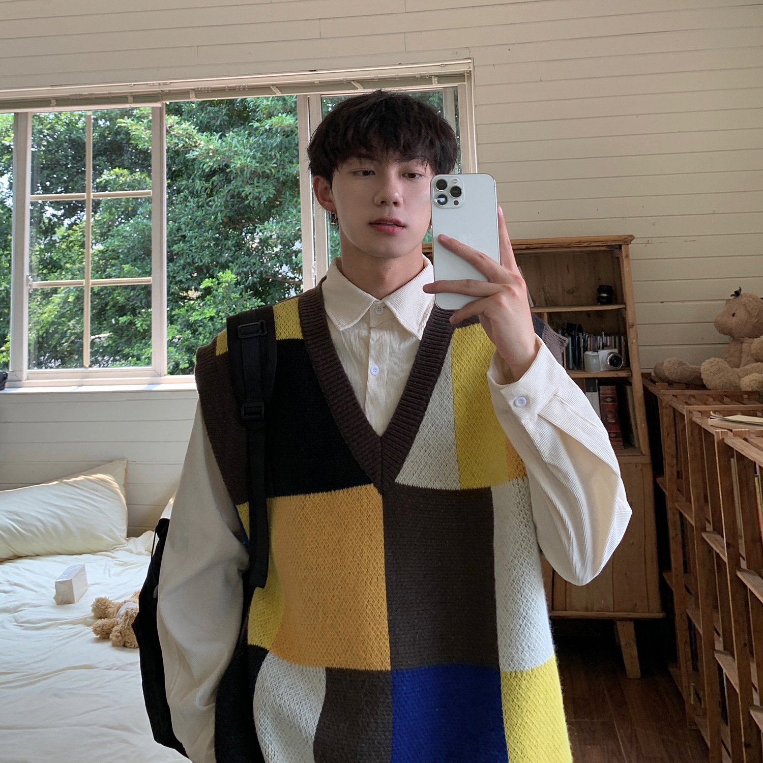 Contrast Color Collar V-neck Knitted Sweater Youth