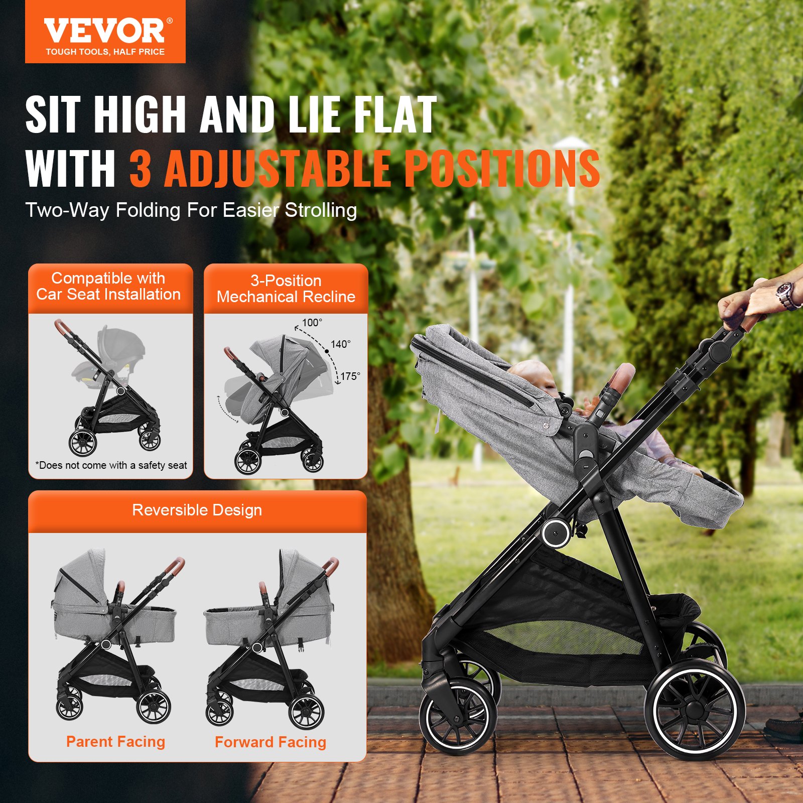 VEVOR Standard Baby Stroller, Infant Toddler Stroller With Bassinet, 3rd-Gear Adjustable Backrest & Foldable & Reversible Seat, Carbon Steel Newborn Stroller With Leg Cover And Mesh Net, Dark Grey
