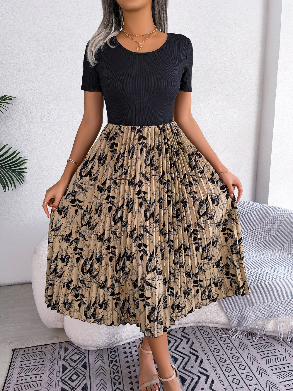 Women Casual Leaf Print High Waist Pleated Midi Dress - Image 6