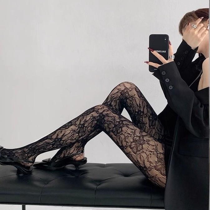 Retro Lace Mesh Socks For Women, Sexy Hollow Out Flower Woven Thin Black Pure Desire Pantyhose