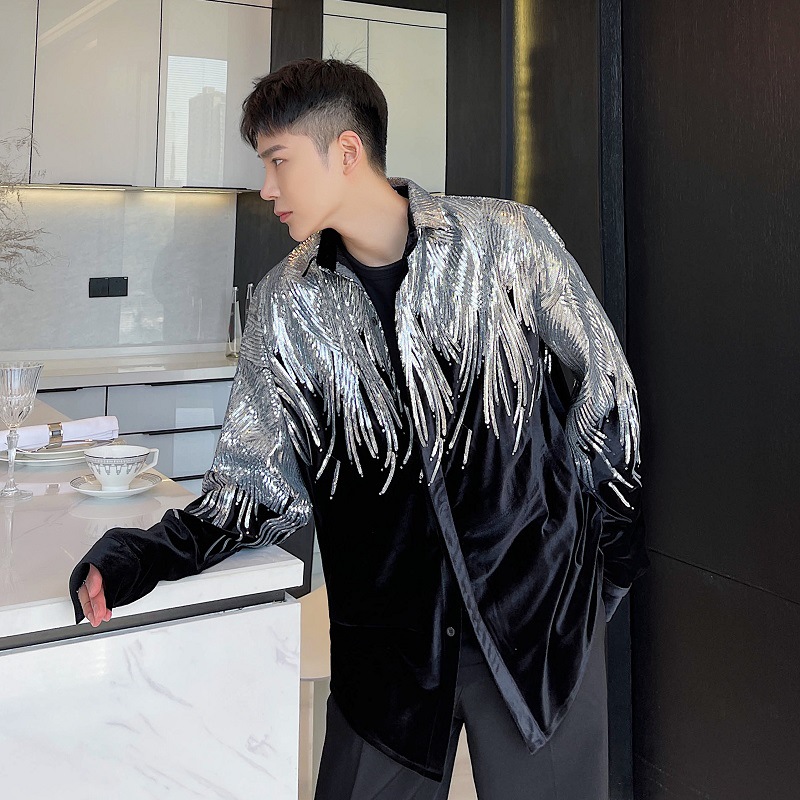 Feather-embroidered Sequined Velvet Men's Shirt