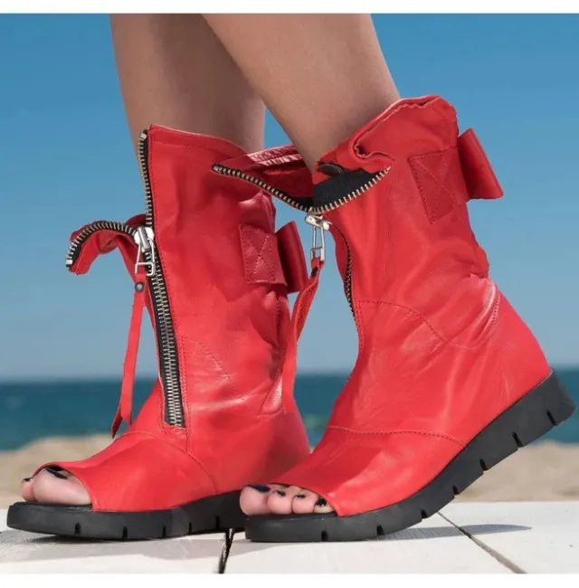 Women's Fish Mouth Front Zip Flat Bow Boots Red - Shop at LoveMi