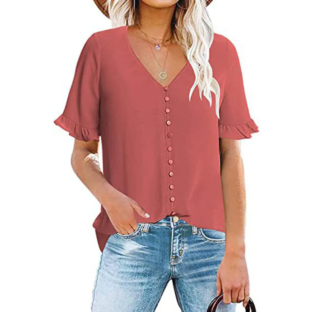 Women's Ruffle Short Sleeve V-Neck Button-Down Shirt - Leather Pink
