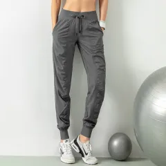 Ladies Quick-drying Loose Drawstring Sports High Waist Casual Pants - Grey - View 1