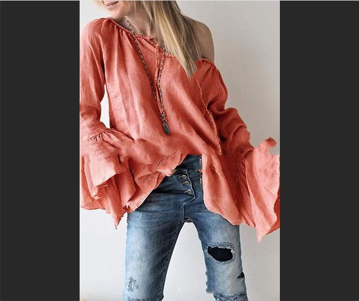 Neckline Tie Cotton And Linen Solid Color Loose Flared Sleeve Top