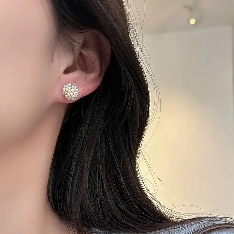 Vintage Embroidered Ball Earrings With Artificial Pearl Earrings