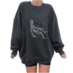 Skull Star Women's Sweater Printed Women's Shoulders Large Size Round Neck Fleece Sweater Women - Grey - View 1