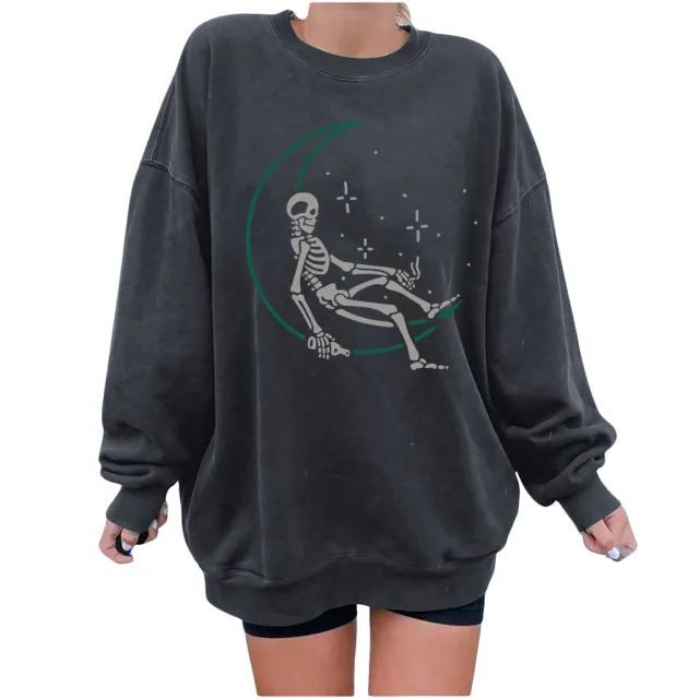 Skull Star Women's Sweater Printed Women's Shoulders Large Size Round Neck Fleece Sweater Women Grey - Shop at LoveMi