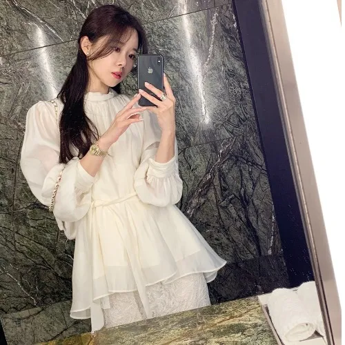 Women's Elegant Long sleeved Wrinkled Shirt With Slim Waist Beige - Shop at LoveMi