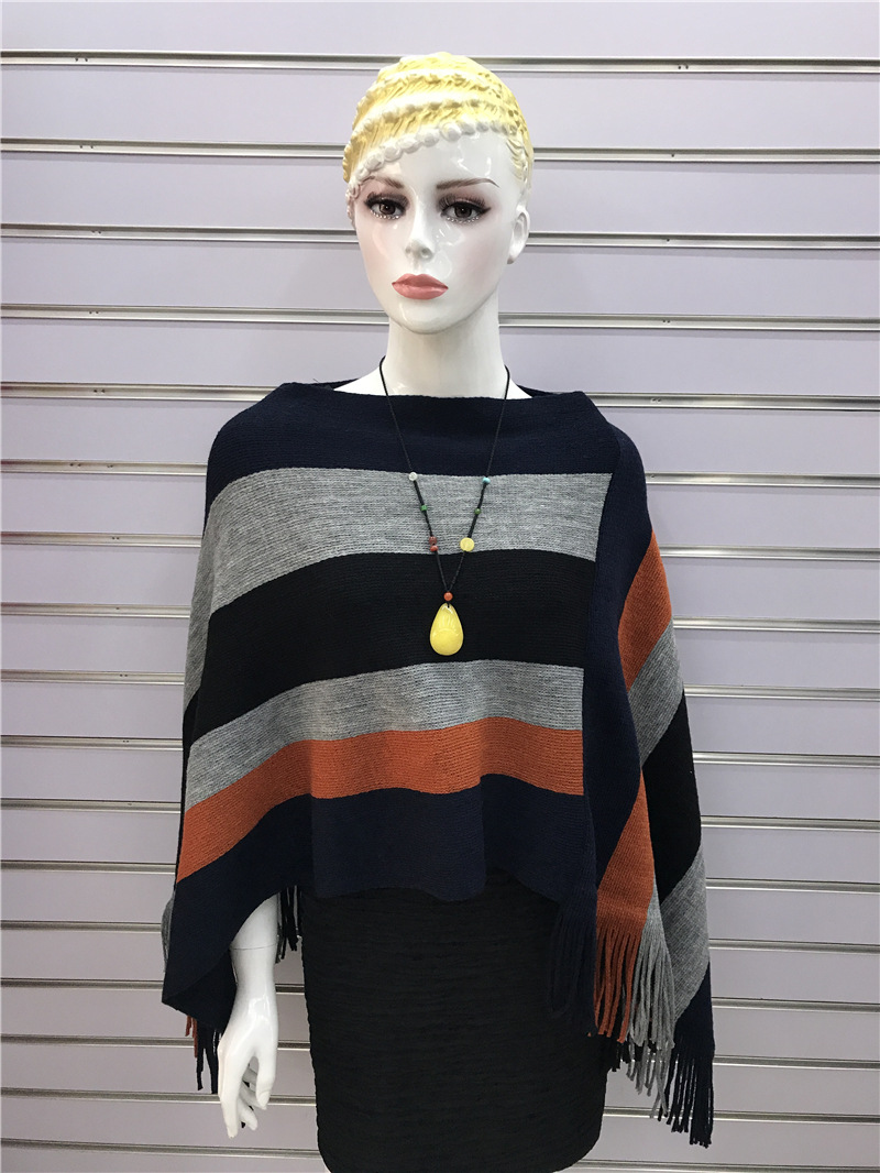 Fringed Pullover Mid-length Knitted Cape Shawl Striped Sweater Coat