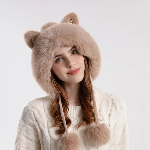 Cute Knitted Hat Winter Female Cartoon Cat Ears Khaki - Shop at LoveMi