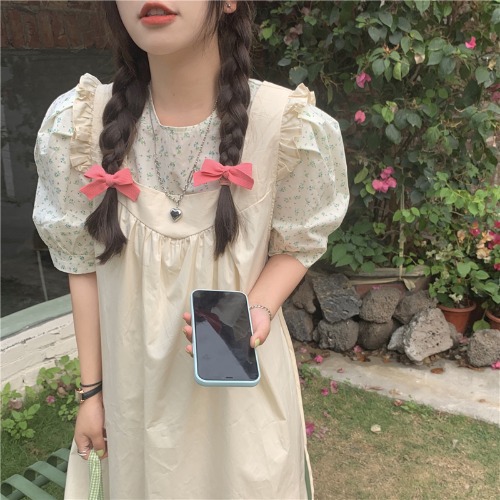 Floral Short-sleeved Shirt Women's French Retro Puff Sleeve Shirt Trend