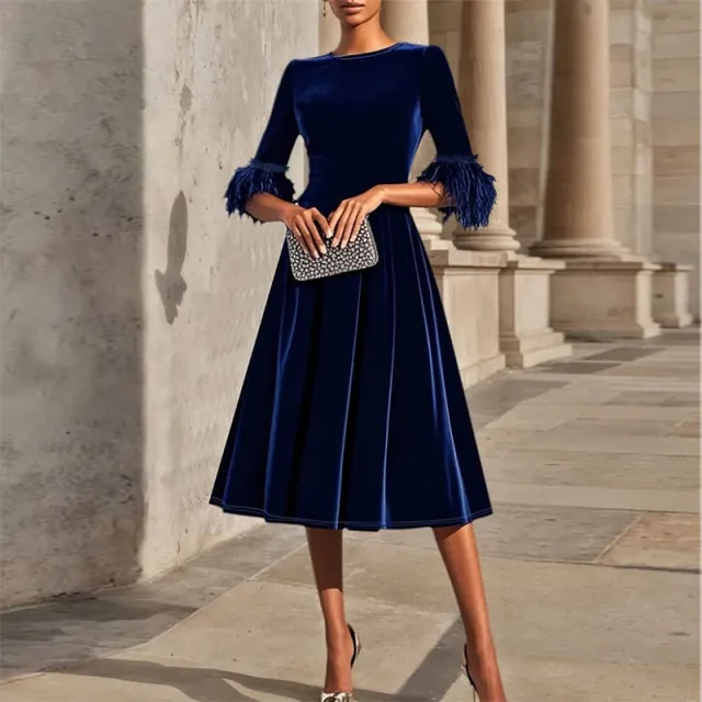 Women's Velvet Feather Sleeve Dress, Round Neck A Line Pleated Hem Gown For Wedding Guest And Formal Occasions Blue - Shop at LoveMi