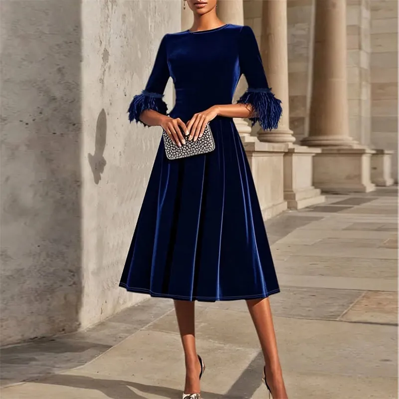 Women's Velvet Feather Sleeve Dress, Round Neck A-Line Pleated Hem Gown For Wedding Guest And Formal Occasions - Blue