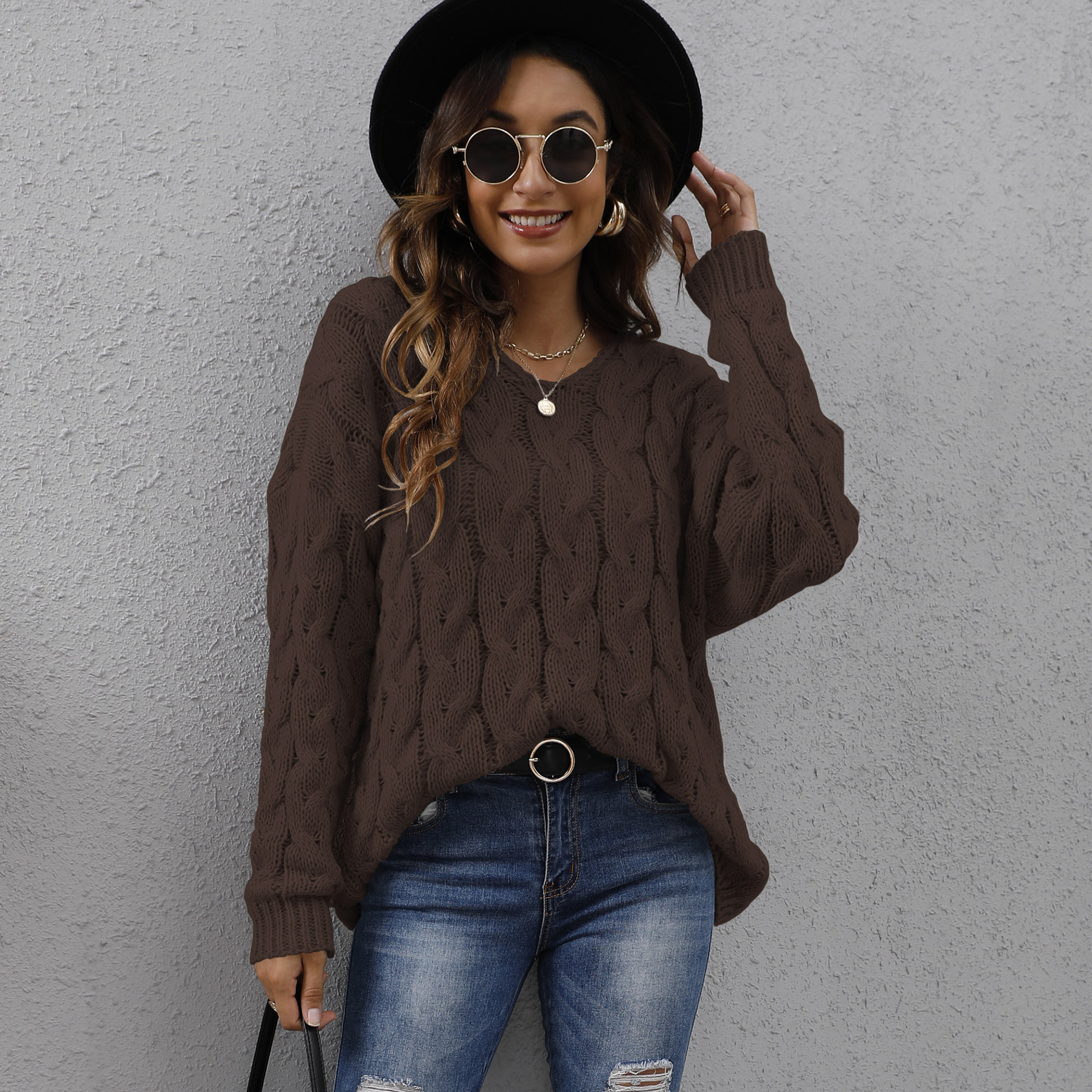 Twist Knitted V-neck Fashion Hooded Loose Pullover Sweater