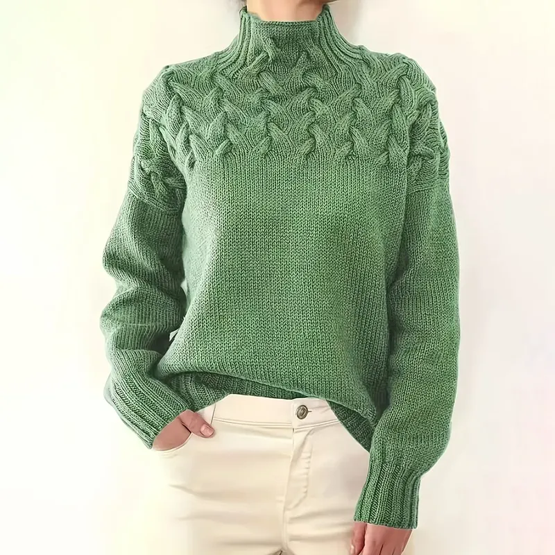 Plus Size Women's Turtleneck Sweater Solid Color Long Sleeve Patterned Knit Top For Autumn And Winter - Green