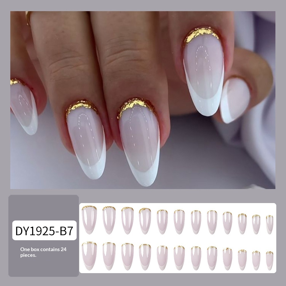 24-piece Long Almond-shaped Press-on Nail Glitter With Gold Edge Design Nail Art Set.Suitable For Parties,dances Or Daily Wear.