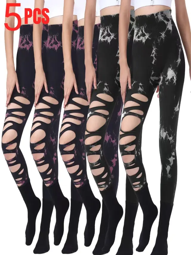 5 Pack Fashion Women Sports Yoga High Waist Tie Dye Print Ripped Hollow Leggings Pants 3Bph 2Blk - Shop at LoveMi